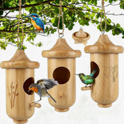 BESWORLDS front view of hummingbird house showing natural pine and entrance hole, attracts birds