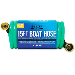 Better Boat front packaging showing compact 15ft coiled hose benefit of easy storage