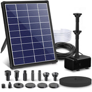 Biling front view of solar fountain showing compact design and easy placement benefit