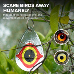 Bird B Gone diverters hanging in tree and patio reducing perch spots