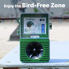 Bird-X mounted on pole outdoors demonstrating one-acre coverage capability