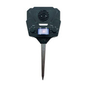Bird-X front view showing unit and ultrasonic speaker for effective yard protection