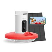 Birdfy feeder front view showing camera and ports, clear video benefit