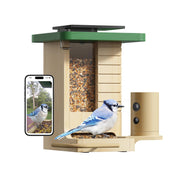 Birdfy front view showing natural wood and camera for attractive backyard watching