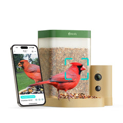Birdfy front view showing feeder design and clear camera aperture benefit