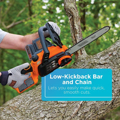 BLACK+DECKER close-up of bar and chain showing sharp teeth for smoother, faster cuts