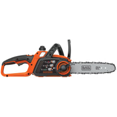 BLACK+DECKER front view of compact 10-inch cordless chainsaw showing ergonomic grip and safety