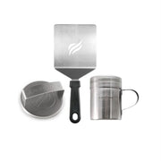 BLACKSTONE kit front packaging showing press, spatula, and spice dredge for easy setup