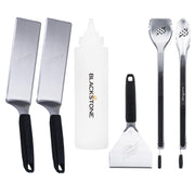 Blackstone front packaging of griddle toolkit showing all six tools and robust construction benefits