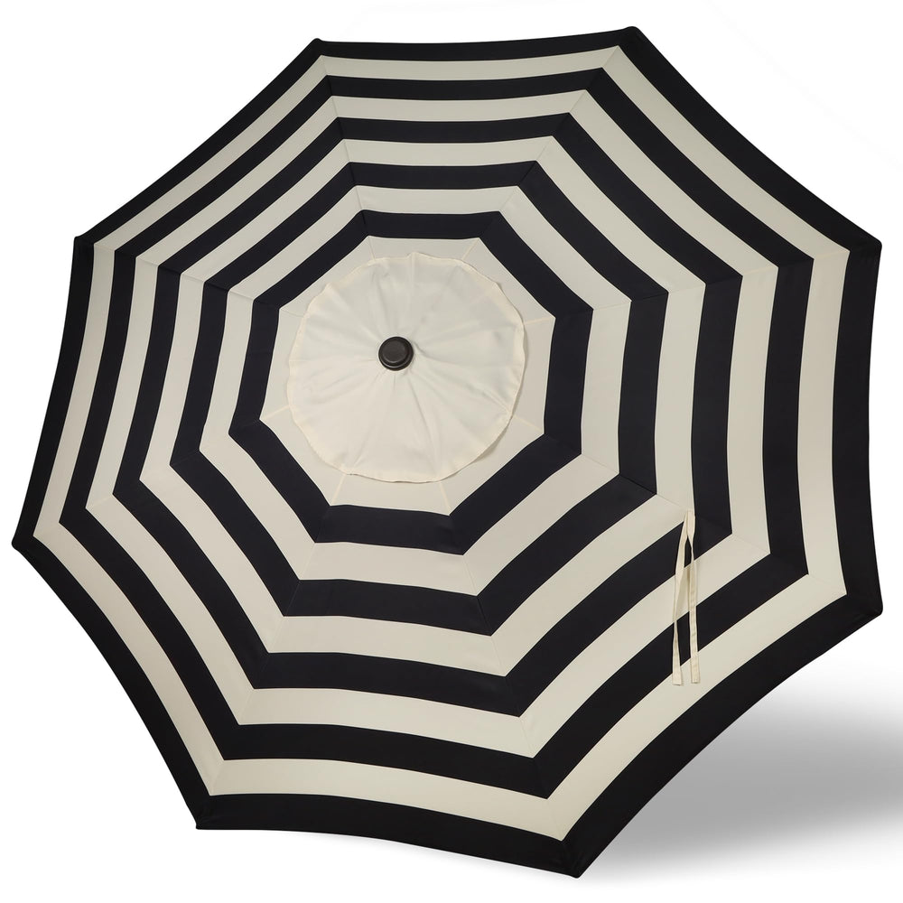 Blissun canopy front view showing full black and beige shade and curb appeal