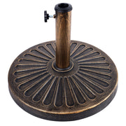 Blissun front view of antiqued bronze umbrella base showing stable footprint and decor