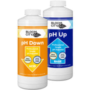 Bloom City front packaging showing both pH up and pH down bottles and clear labeling, easy dosing