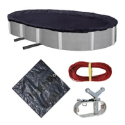 Blue Wave front view of full 15x30 oval winter cover protecting pool
