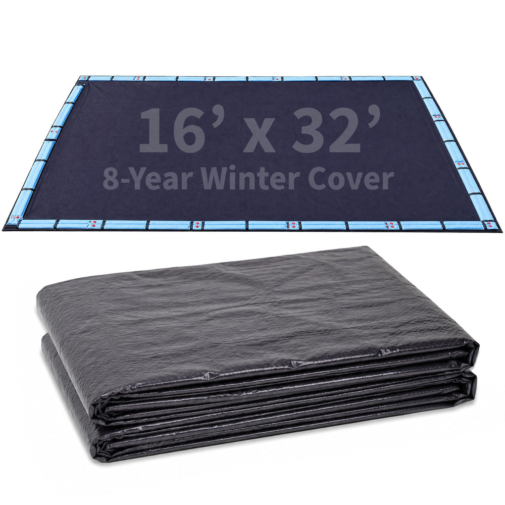 Blue Wave front view of Arctic Armor cover protecting pool, reduces spring cleanup