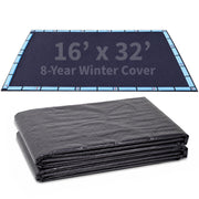 Blue Wave front view of Arctic Armor cover protecting pool, reduces spring cleanup