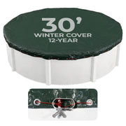 Blue Wave front packaging showing 30-ft round cover and included hardware for easy setup