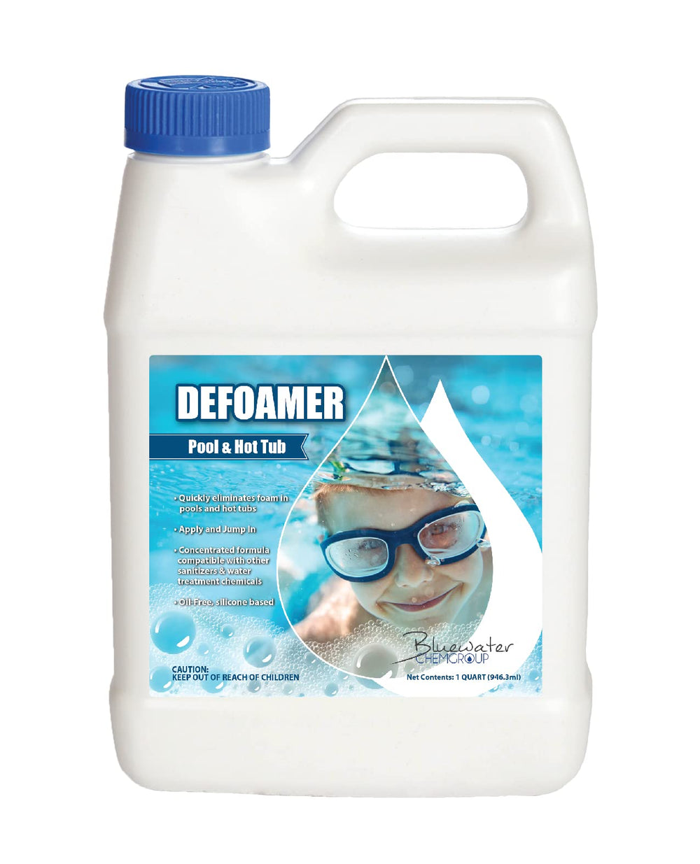 Bluewater Chemgroup defoamer front label showing product name and size benefit
