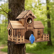BlueYu front view hanging birdhouse showing rustic charm and shelter benefit