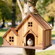 BlueYu front view of birdhouse showing roomy entrance and natural finish for curb appeal