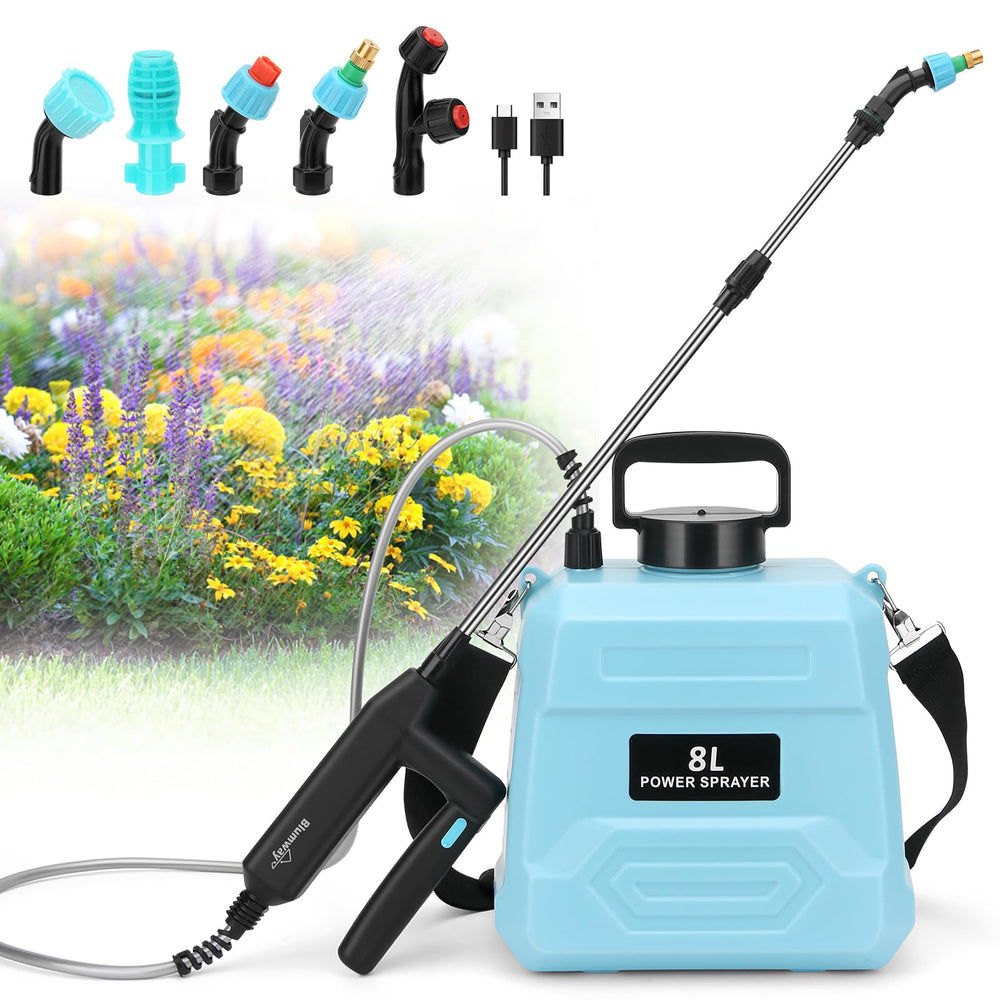 BlumWay front view of 2-gallon sprayer showing tank and lid, durable design benefit
