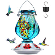 BOLITE feeder front view showing blue hand-blown glass attracting birds
