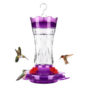 BOLITE glass feeder front view showing purple base and four feeding ports, attracts hummingbirds