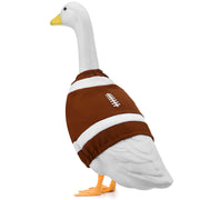 Booson front view of goose outfit showing football design and curb appeal