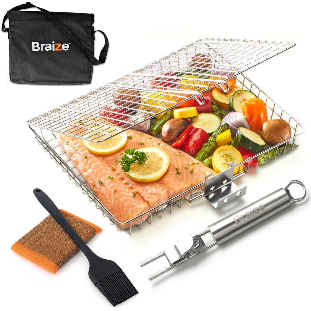 Braize front view stainless steel grill basket shows roomy capacity and sturdy build