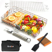 Braize front view of grill basket showing sturdy frame and locking lid for even cooking