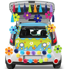 Breling bus banner front view showing bright retro print and quick-hang holes for easy setup