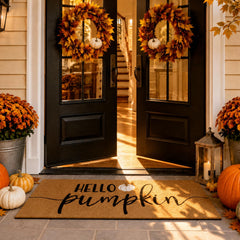 Breling front view of hello pumpkin doormat showing welcome design and seasonal curb appeal
