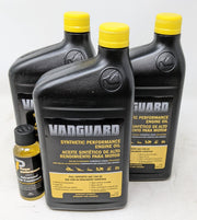 Briggs & Stratton front packaging showing three full synthetic oil quarts and treatment