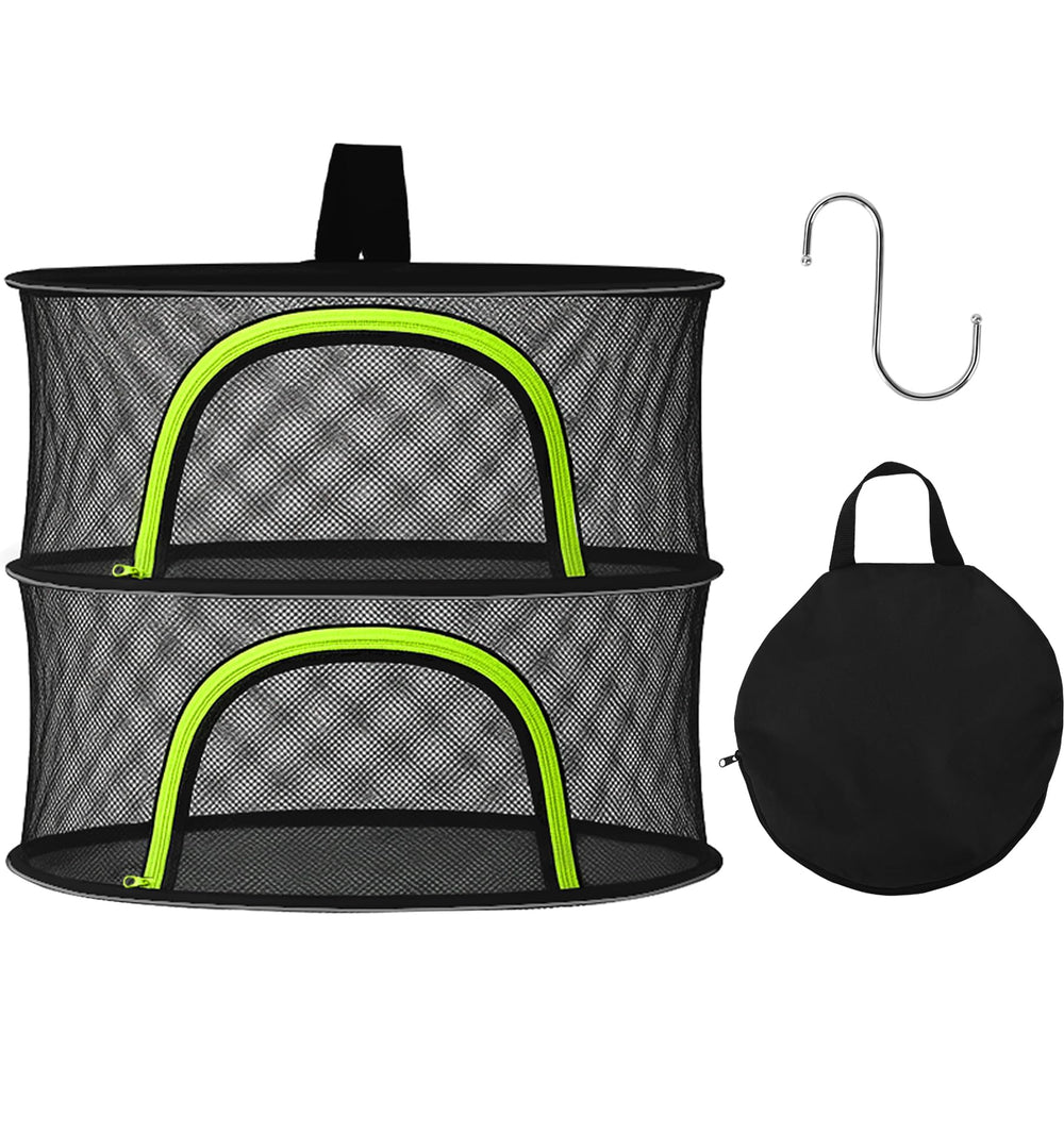 BRIVADO front view showing two-tier mesh rack and hanging hook for space saving