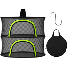 BRIVADO front view showing two-tier mesh rack and hanging hook for space saving
