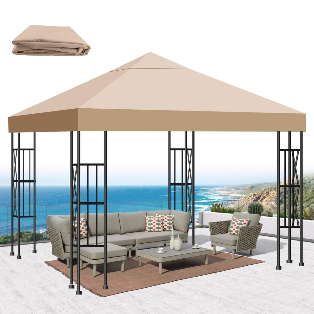 Bsteciar front view of khaki 10x10 canopy top showing full coverage and fit