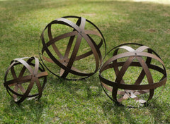 BSTGIFTS front view of three metal garden spheres showing set and sizes benefit visual interest