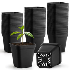 BTPLASTIK front view of 60 black nursery pots showing compact pack benefit