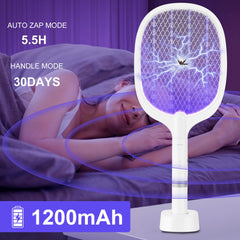 Bug Parking racket docked on charging base for hands-free auto-zap