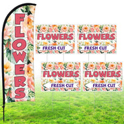 Buryeah feather flag front view showing vibrant flower design and brand visibility
