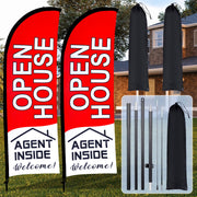 Buryeah front view of two red open house flags for improved curb visibility
