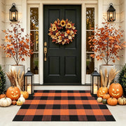 CAINANEL front view of orange black plaid mat showing warm fall welcome