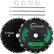 CalPalmy front packaging showing two 9-inch 20T blades and included accessories for quick installation