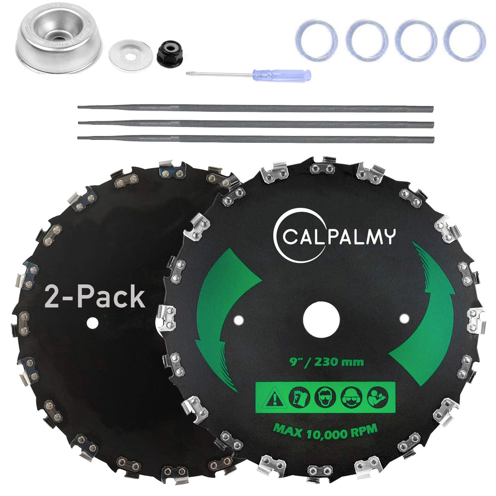 CALPALMY front view of two 9 inch blades showing packaging and parts, demonstrates kit completeness