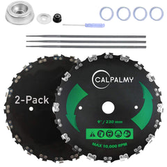 CALPALMY front view of two 9 inch blades showing packaging and parts, demonstrates kit completeness