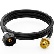 CALPOSE front view of propane adapter packaging showing product and length benefit
