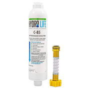 Camco front view showing compact inline filter and benefits for cleaner water