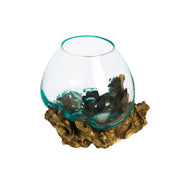 Cape Craftsmen front view showing blue bubble glass seated on teak driftwood, adds sculptural appeal