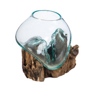 Cape Craftsmen front view of blue bubble glass on teak showing coastal decor appeal