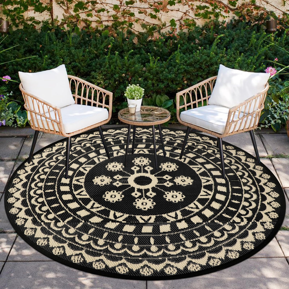 Capslpad front view of 6ft round beige rug shows durable outdoor style benefit