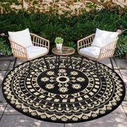 Capslpad front view of 6ft round beige rug shows durable outdoor style benefit